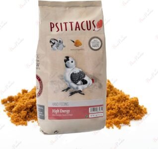 A bag of Feedex High Energy hand feeding formula for birds alongside scattered egg food mixture.