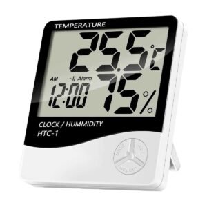 HTC-1 digital temperature and humidity meter showing 25.5°C and 75% relative humidity