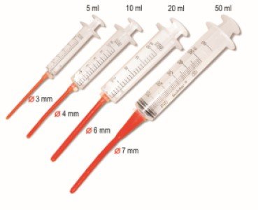 Red soft silicone feeding tubes connected to clear plastic reusable syringes in various sizes (3ml to 50ml) for hand-feeding baby birds.